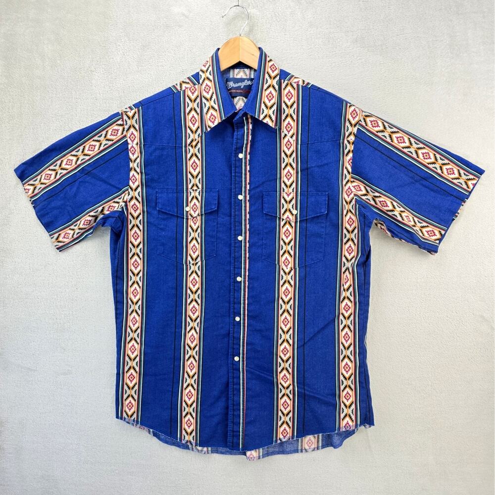 Vintage Wrangler Western Shirt Mens Large Short Sleeve Aztec Stripe Pearl Snap
